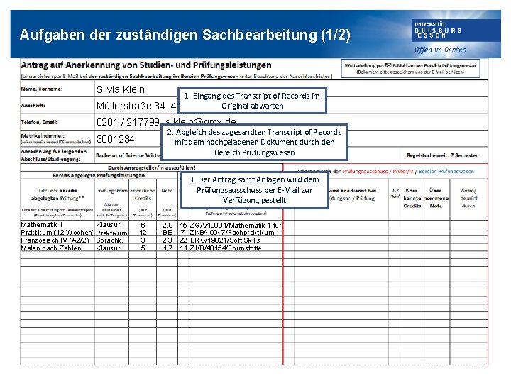 Aufgaben der zuständigen Sachbearbeitung (1/2) Silvia Klein 1. Eingang des Transcript of Records im