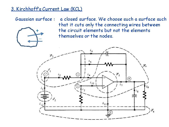 3. Kirchhoff’s Current Law (KCL) Gaussian surface : + _ a closed surface. We