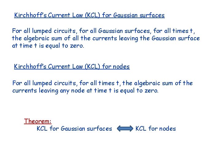 Kirchhoff’s Current Law (KCL) for Gaussian surfaces For all lumped circuits, for all Gaussian