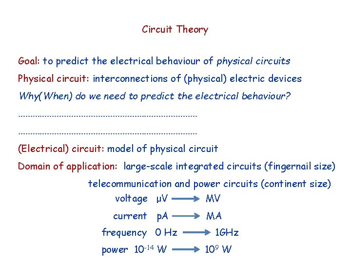 Circuit Theory Goal: to predict the electrical behaviour of physical circuits Physical circuit: interconnections