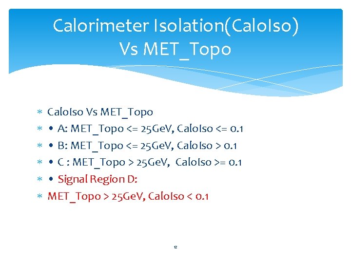 Calorimeter Isolation(Calo. Iso) Vs MET_Topo Calo. Iso Vs MET_Topo • A: MET_Topo <= 25