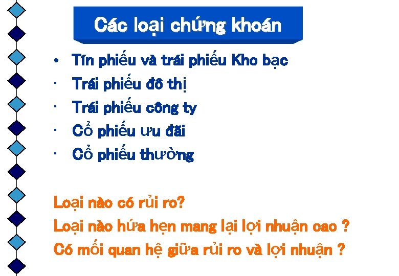 Các loại chứng khoán • • • Tín phiếu và trái phiếu Kho bạc