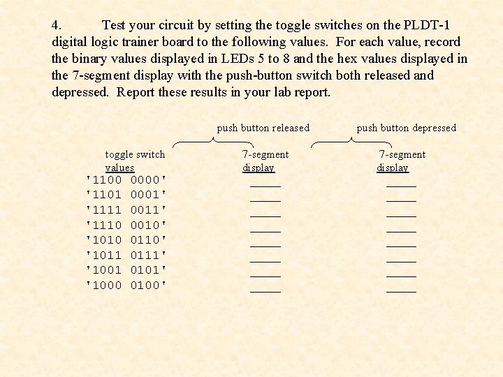 4. Test your circuit by setting the toggle switches on the PLDT-1 digital logic