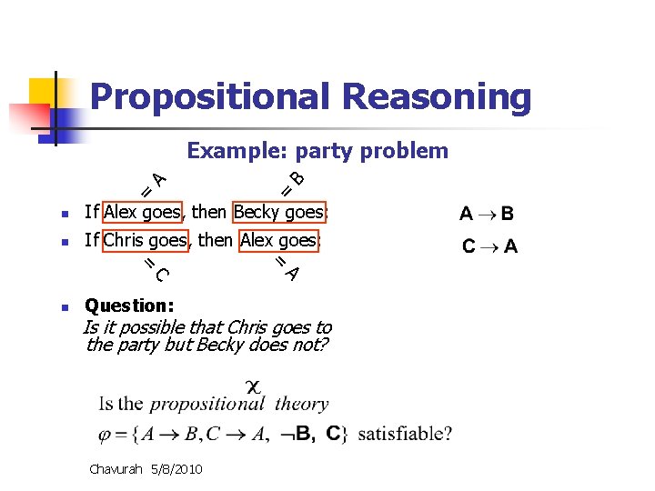 Propositional Reasoning = B = A Example: party problem n If Chris goes, then