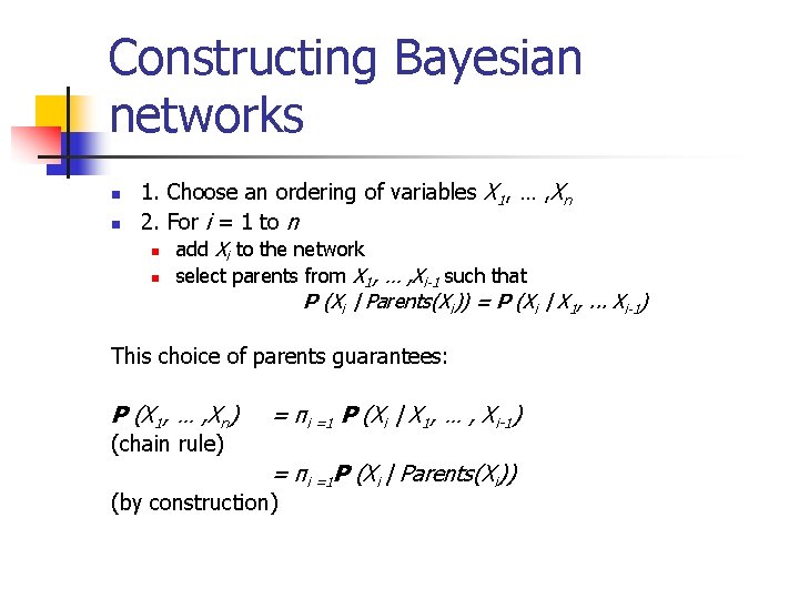 Constructing Bayesian networks n n 1. Choose an ordering of variables X 1, …