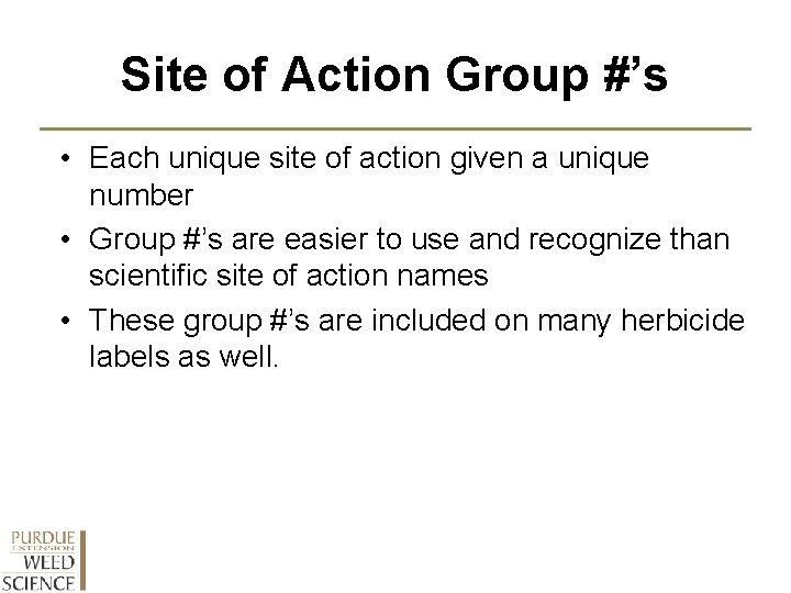 Site of Action Group #’s • Each unique site of action given a unique