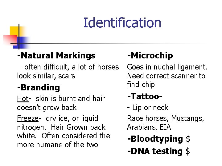 Identification -Natural Markings -Microchip -often difficult, a lot of horses look similar, scars Goes
