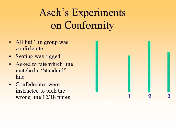 Asch’s Experiments on Conformity • All but 1 in group was confederate • Seating