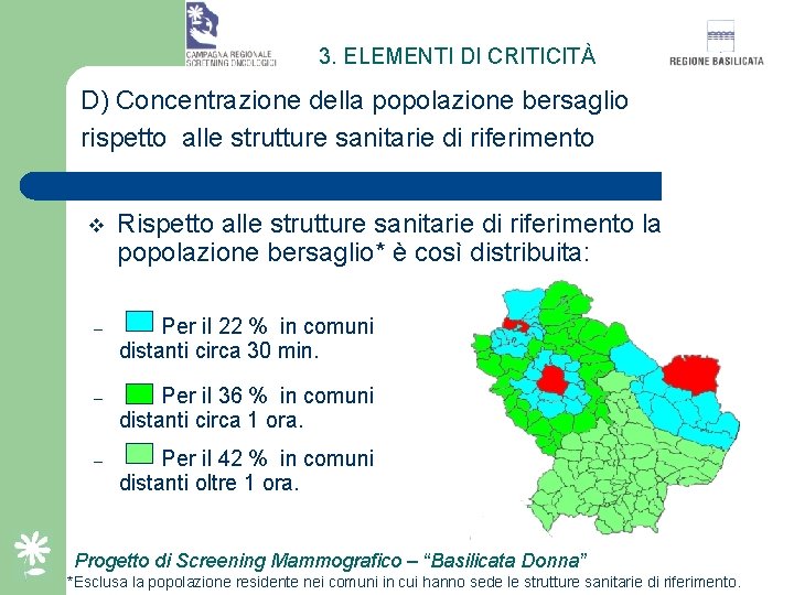 3. ELEMENTI DI CRITICITÀ D) Concentrazione della popolazione bersaglio rispetto alle strutture sanitarie di