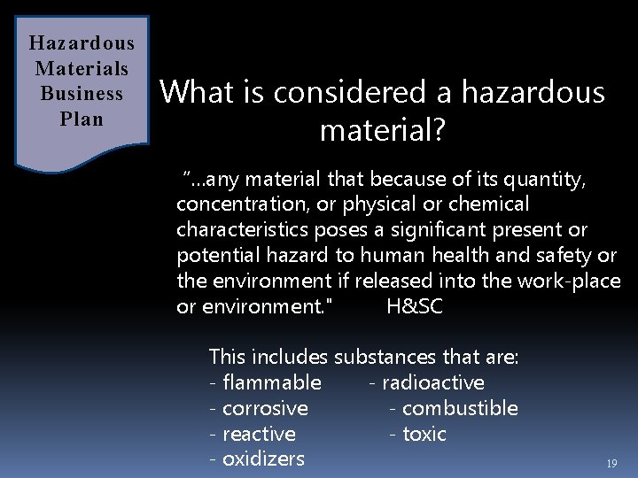 Hazardous Materials Business Plan What is considered a hazardous material? “…any material that because Hazardous Materials Business Plan What is considered a hazardous material? “…any material that because