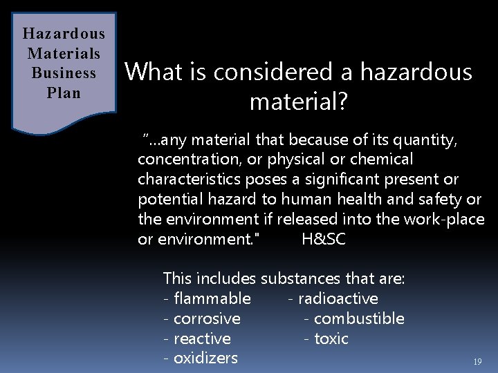 Hazardous Materials Business Plan What is considered a hazardous material? “…any material that because