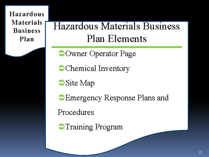 Hazardous Materials Business Plan Elements Owner Operator Page Chemical Inventory Site Map Emergency Response