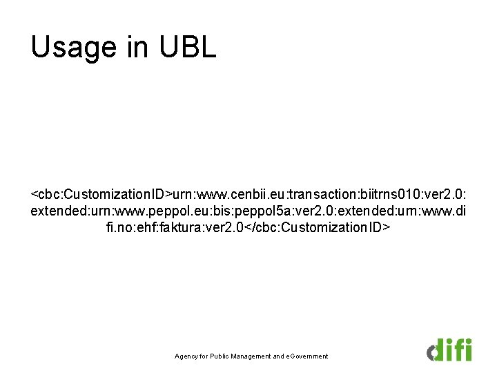 Usage in UBL <cbc: Customization. ID>urn: www. cenbii. eu: transaction: biitrns 010: ver 2.