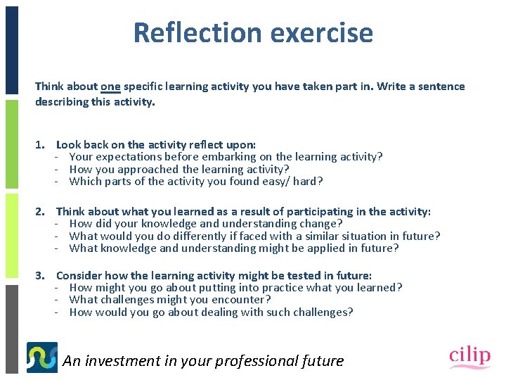 Reflection exercise Think about one specific learning activity you have taken part in. Write