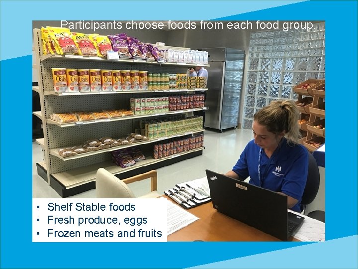 Participants choose foods from each food group. • Shelf Stable foods • Fresh produce,