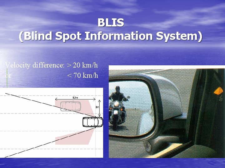 BLIS (Blind Spot Information System) Velocity difference: > 20 km/h or < 70 km/h