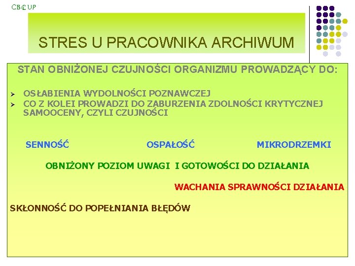 CB Ci UP STRES U PRACOWNIKA ARCHIWUM STAN OBNIŻONEJ CZUJNOŚCI ORGANIZMU PROWADZĄCY DO: Ø