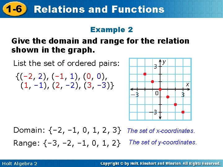 1 -6 Relations and Functions Example 2 Give the domain and range for the