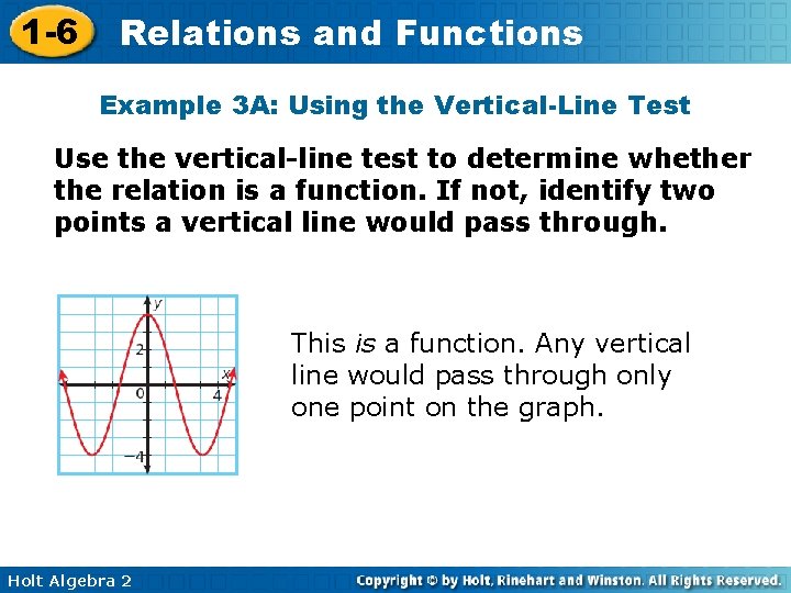 1 -6 Relations and Functions Example 3 A: Using the Vertical-Line Test Use the