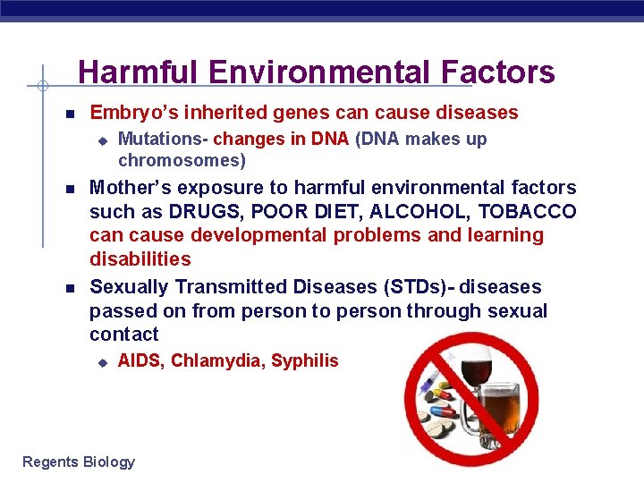 Harmful Environmental Factors Embryo’s inherited genes can cause diseases u Mutations- changes in DNA