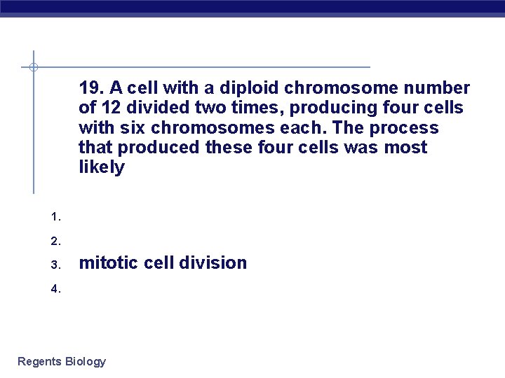 19. A cell with a diploid chromosome number of 12 divided two times, producing