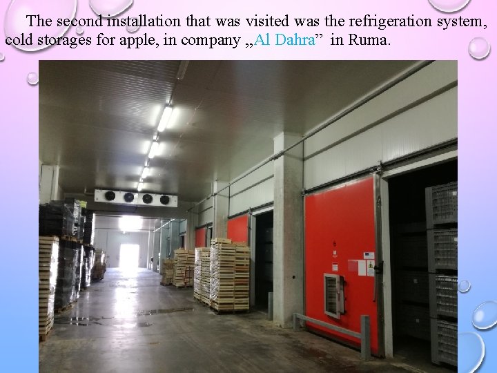 The second installation that was visited was the refrigeration system, cold storages for apple,