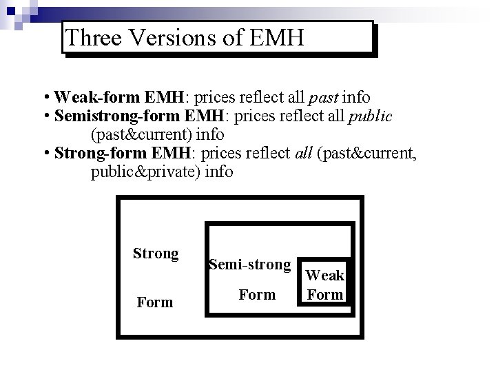 Three Versions of EMH • Weak-form EMH: prices reflect all past info • Semistrong-form