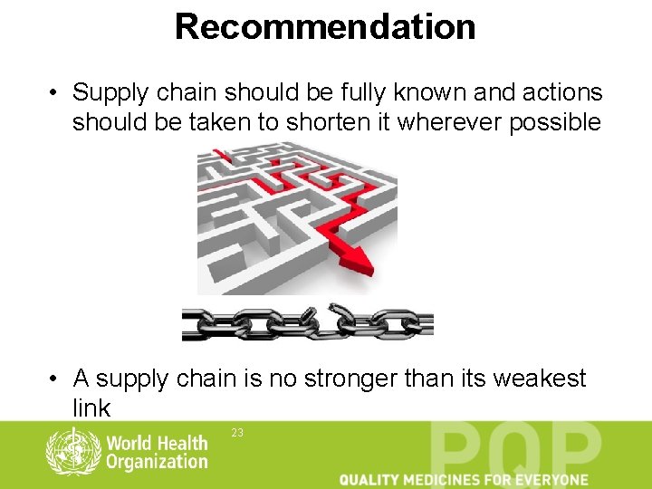 Recommendation • Supply chain should be fully known and actions should be taken to