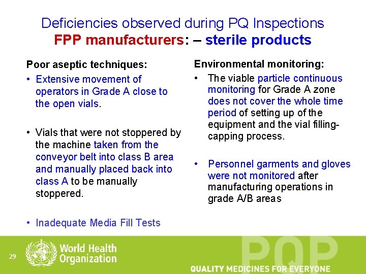 Deficiencies observed during PQ Inspections FPP manufacturers: – sterile products Poor aseptic techniques: •
