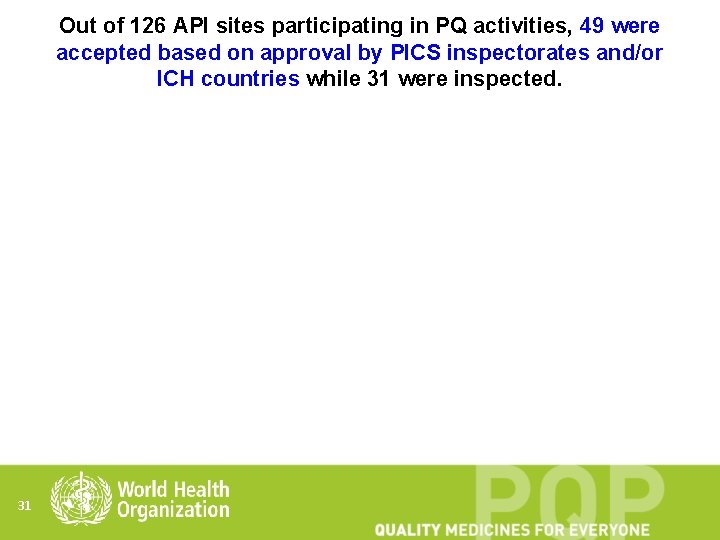 Out of 126 API sites participating in PQ activities, 49 were accepted based on