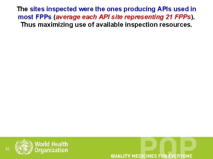 The sites inspected were the ones producing APIs used in most FPPs (average each