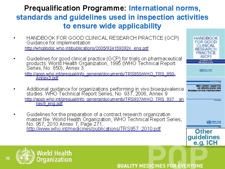 Prequalification Programme: International norms, standards and guidelines used in inspection activities to ensure wide