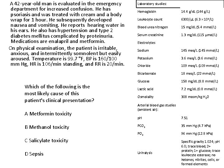 A 42 -year-old man is evaluated in the emergency department for increased confusion. He