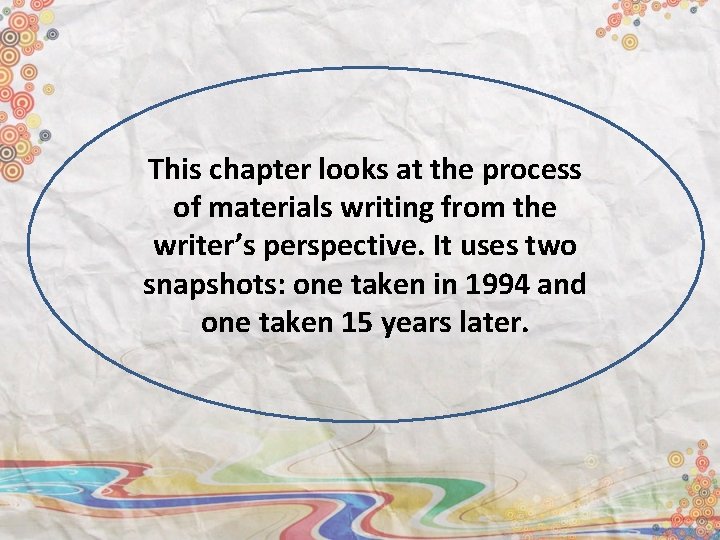 This chapter looks at the process of materials writing from the writer’s perspective. It
