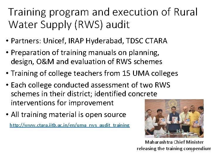 Training program and execution of Rural Water Supply (RWS) audit • Partners: Unicef, IRAP