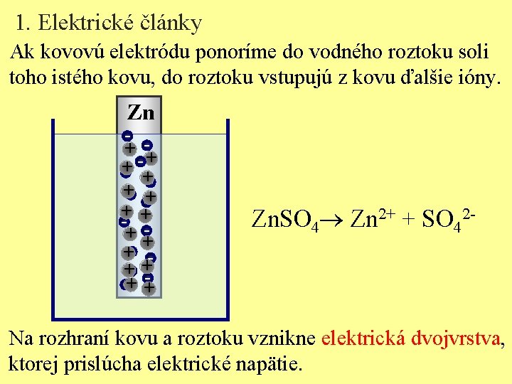 1. Elektrické články Ak kovovú elektródu ponoríme do vodného roztoku soli toho istého kovu,