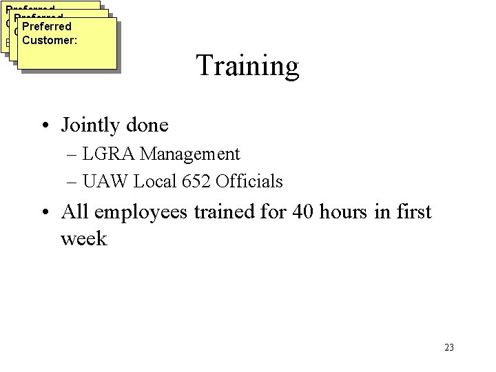 Preferred Customer: Blache, Wedley Training • Jointly done – LGRA Management – UAW Local