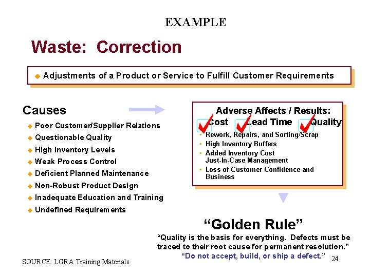 EXAMPLE Waste: Correction u Adjustments of a Product or Service to Fulfill Customer Requirements