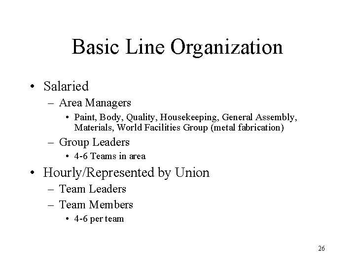 Basic Line Organization • Salaried – Area Managers • Paint, Body, Quality, Housekeeping, General