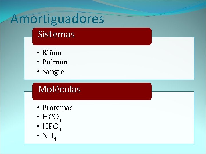 Amortiguadores Sistemas • Riñón • Pulmón • Sangre Moléculas • • Proteínas HCO 3