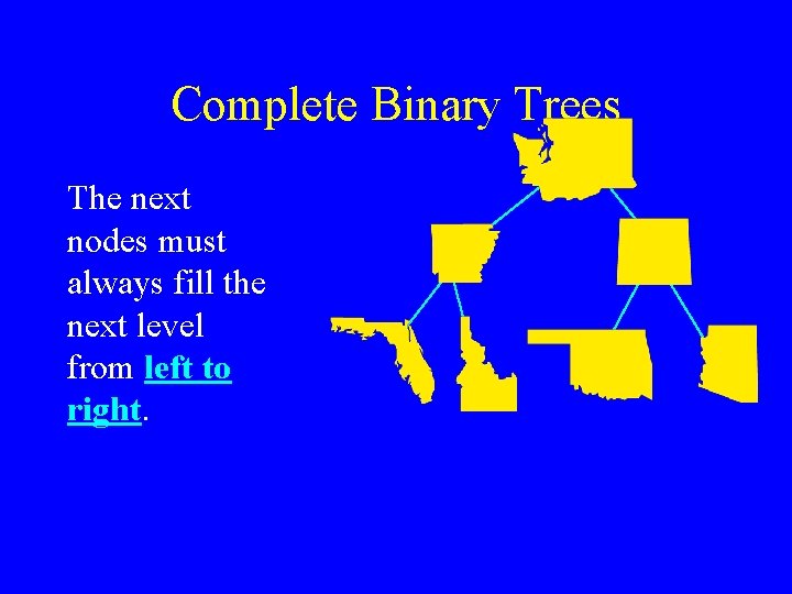 Complete Binary Trees The next nodes must always fill the next level from left