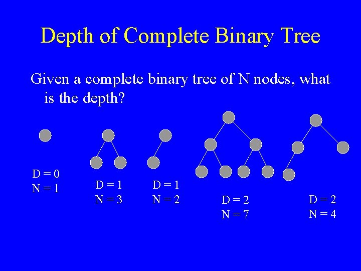 Depth of Complete Binary Tree Given a complete binary tree of N nodes, what