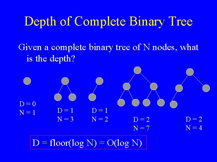 Depth of Complete Binary Tree Given a complete binary tree of N nodes, what