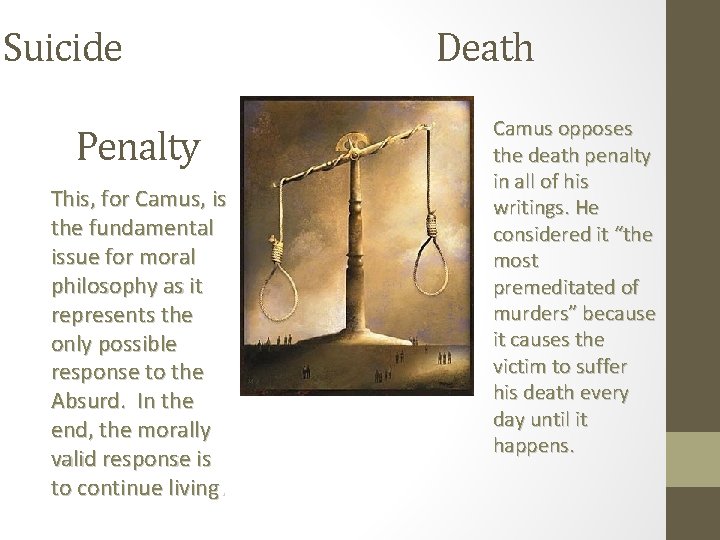 Suicide Penalty This, for Camus, is the fundamental issue for moral philosophy as it