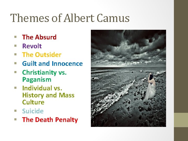 Themes of Albert Camus The Absurd Revolt The Outsider Guilt and Innocence Christianity vs.