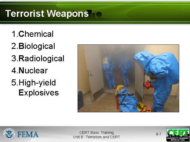 Terrorist Weapons 1. Chemical 2. Biological 3. Radiological 4. Nuclear 5. High-yield Explosives CERT