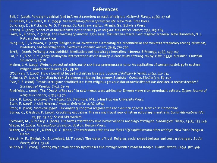 References Bell, C. (2006). Paradigms behind (and before) the modern concept of religion. History