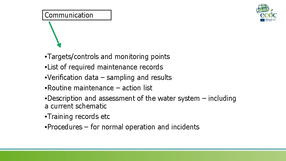 Communication • Targets/controls and monitoring points • List of required maintenance records • Verification