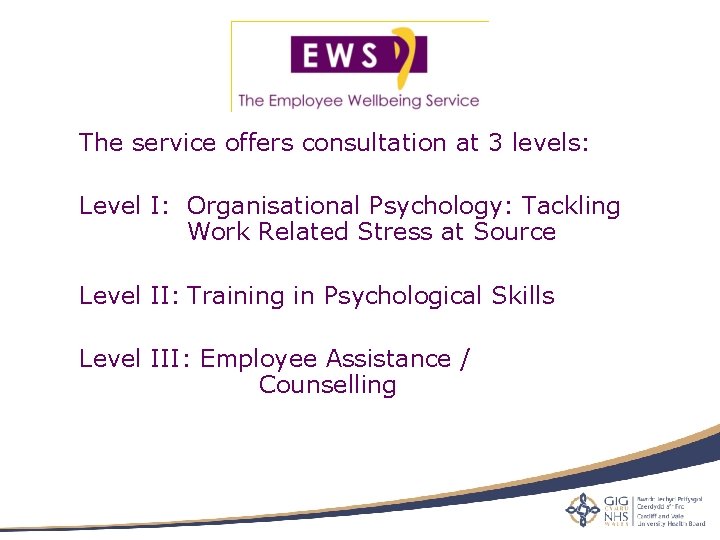 The service offers consultation at 3 levels: Level I: Organisational Psychology: Tackling Work Related