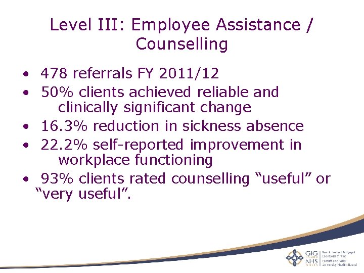 Level III: Employee Assistance / Counselling • 478 referrals FY 2011/12 • 50% clients